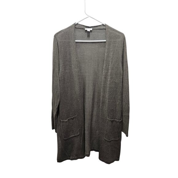 J.Jill Olive Green Long Open Front Knit Cardigan Petite Large Linen Blend - Picture 1 of 6